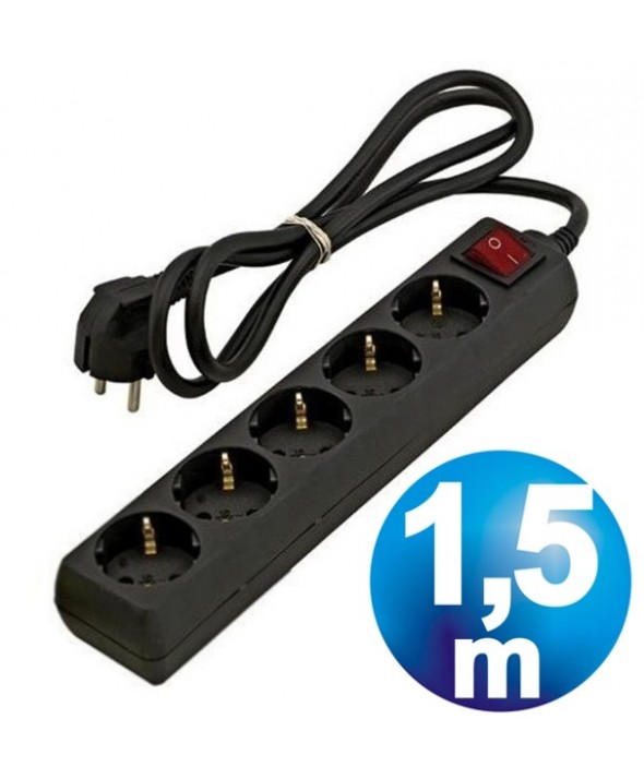 Base red multiple 5 vias con interruptor 1.5 m negra