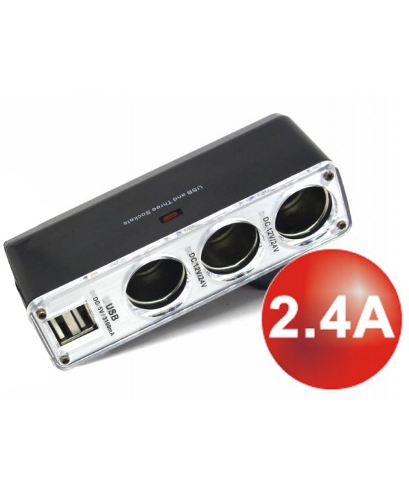 Multiplicador 3 mecheros + 2 usb 2.4a omega