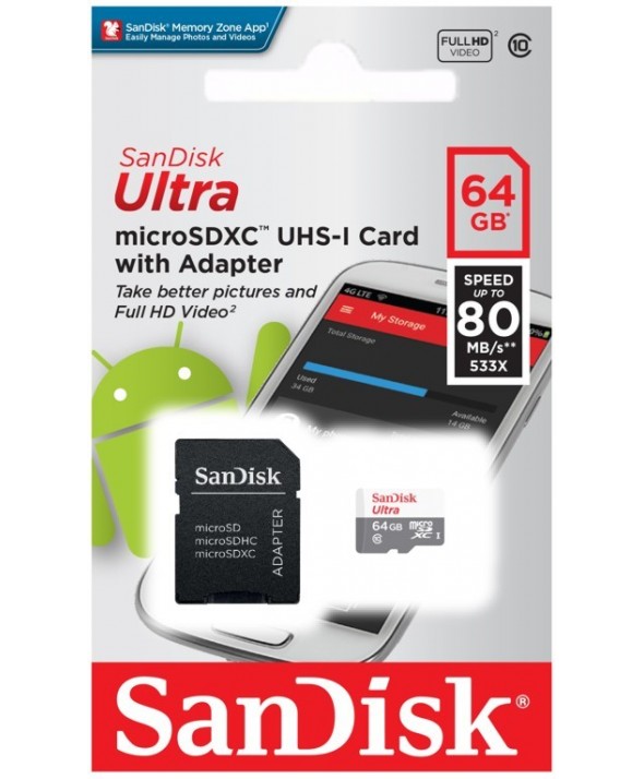 Memoria microsdhd 64gb cl10 80r + adaptador sd sandisk