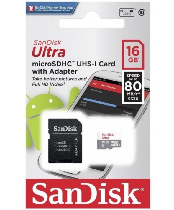 Memoria microsdhd 16gb cl10 80r + adaptador sd sandisk